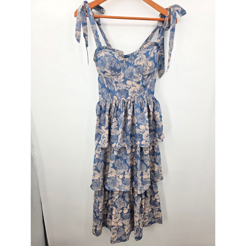 Lulus Lovely Bliss Blue Floral Jacquard Strapless Bustier Midi Dress Size Medium - Picture 6 of 10